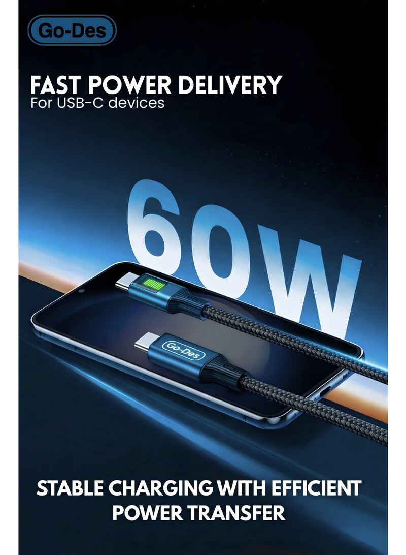 جو-ديز كابل Go-Des USB-C إلى USB-C بقدرة 60 واط بطول 1.2 متر مضفّر للشحن السريع (PD) مع مؤشر LED (إضاءة متحركة) – سلك ناعم مضاد للتشابك ومتِين لأجهزة آيفون 17/16/15 وآيباد برو وماك بوك Air/Pro وديل XPS وسامسونج جالاكسي S24/S23 Ultra وشاومي وهواوي ولينوفو وأسوس - Image 2